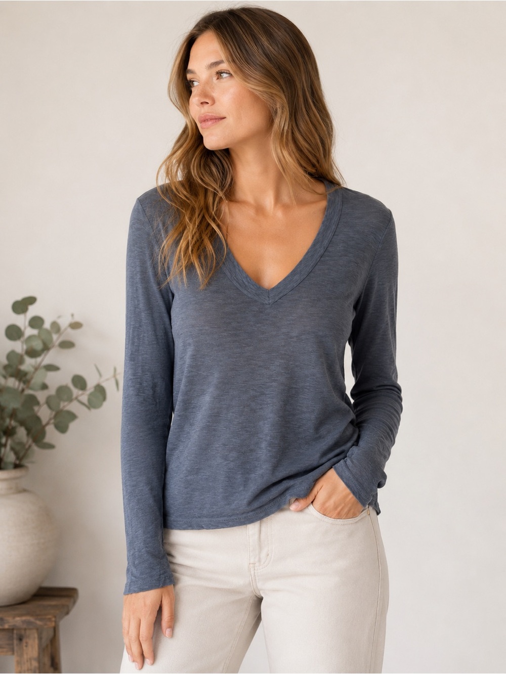 James Perse Standard Size 1 S Charcoal Gray Long Sleeve V Neck Tee Top